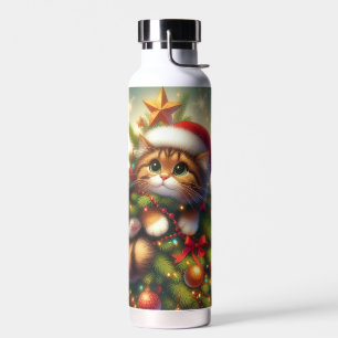Cute, mischievous cat in the Christmas tree Water Bottle