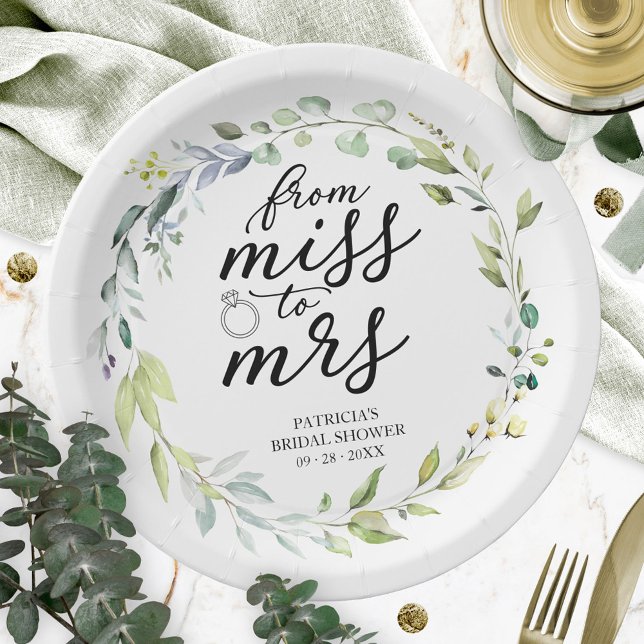 Cute Miss to Mrs Greenery Eucalyptus Bridal Paper Plate (Creator Uploaded)