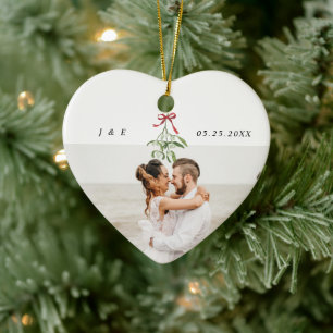Cute Mistletoe Newlyweds Wedding Photo Monogram Ceramic Tree Decoration