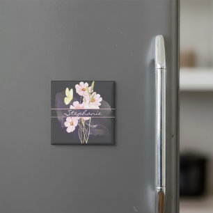 Cute Misty Watercolor Flowers With Butterfly Grey Magnet