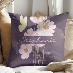 Cute Misty Watercolor Flowers With Butterfly Plum Cushion