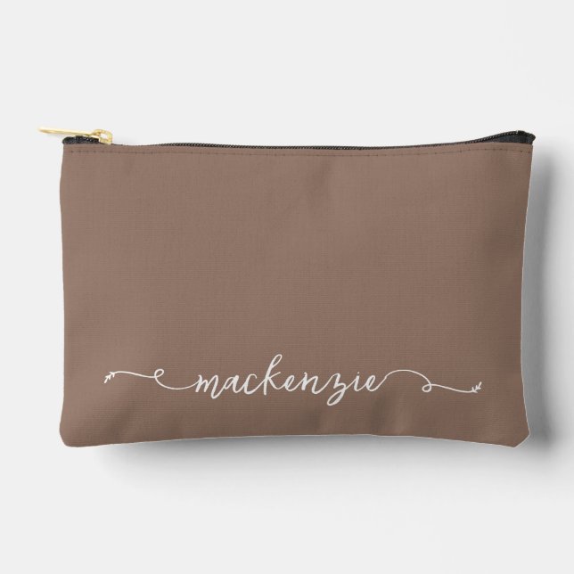 Cute Mocha White Script Typography Monogram Accessory Pouch (Front)