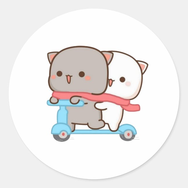 Cute Mochi Peach Cat Couple Bike Riding Classic Round Sticker (Front)