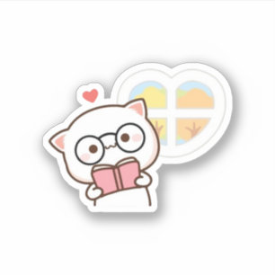 Cute Mochi Peach Cat Reading Book