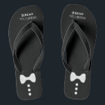 Cute Mock Tuxedo Tie The Groom Black Wedding Jandals<br><div class="desc">These cute flip flops are the perfect way for the groom to kick off his shoes and celebrate at his wedding reception. They feature a cute and fun mock tuxedo design that is simple, cute, and fun with a white bow tie and buttons on a black background with his name...</div>