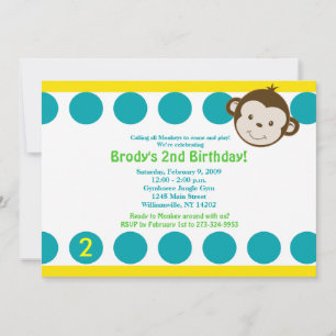 Cute Mod Monkey Blue/Yellow Birthday 5x7 Invitation
