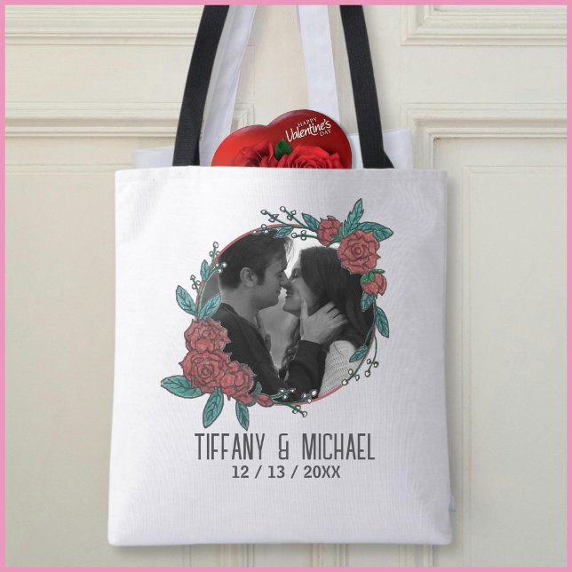 Cute Modern 1 Photo Couples Names Date Married Tote Bag (Creator Uploaded)