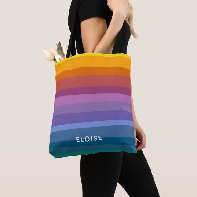 Cute Modern Abstract Vibrant Rainbow Stripes Art Tote Bag (Close Up)
