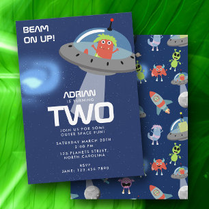 Cute Modern Alien Monster Space Kids Birthday Invitation
