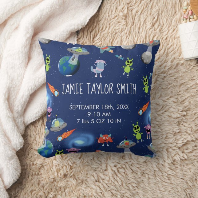 Cute Modern Alien Monsters Space Birth Stats Cushion (Blanket)