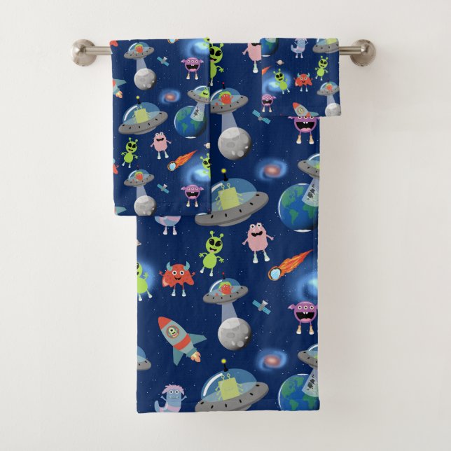 Cute Modern Alien Monsters Space Kids  Bath Towel Set (Insitu)