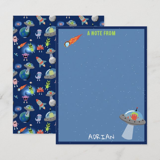 Cute Modern Alien Monsters Space Kids Custom Name Card (Front/Back)