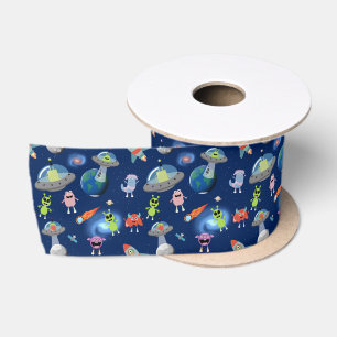 Cute Modern Alien Monsters Space Kids Pattern Satin Ribbon