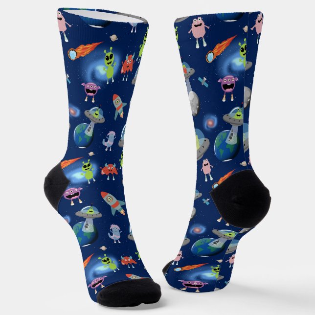 Cute Modern Alien Monsters Space Kids Pattern Socks (Angled)
