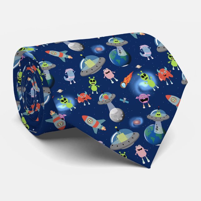 Cute Modern Alien Monsters Space Kids Pattern Tie (Rolled)