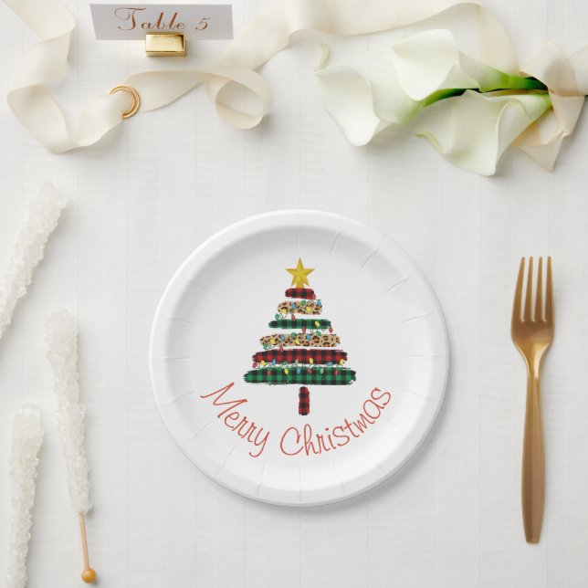 Cute Modern Animal Print Christmas Tree Holiday  Paper Plate (Wedding)