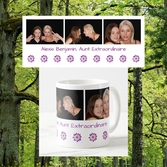 Cute Modern Aunt Extraordinaire Name BAE Photos  Coffee Mug (Aunt Extraordinaire. Personalized name + 3 photos BAE mug. Cute, modern Mother's Day birthday gift)