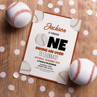Cute Modern Baseball Sports Kids 1st Birthday Invitation