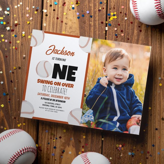 Cute Modern Baseball Sports Photo 1st Birthday Invitation (Creator Uploaded)