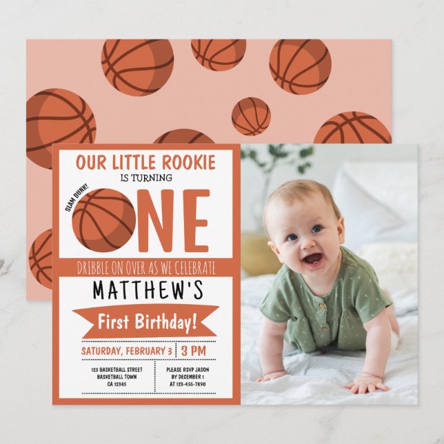 Cute Modern Basketball Ribbon Photo 1st Birthday Invitation (Front/Back)