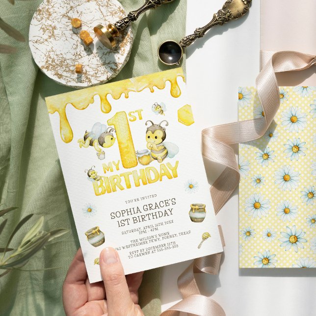 Cute Modern Bee 1st Birthday Invitation (Creator Uploaded)