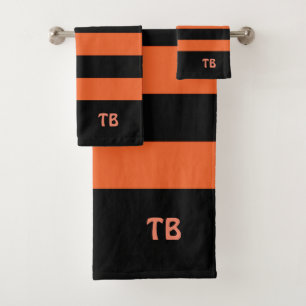 Cute Modern Black & Orange Stripes Custom Initial Bath Towel Set