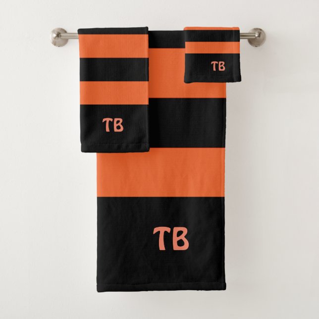 Cute Modern Black & Orange Stripes Custom Initial Bath Towel Set (Insitu)