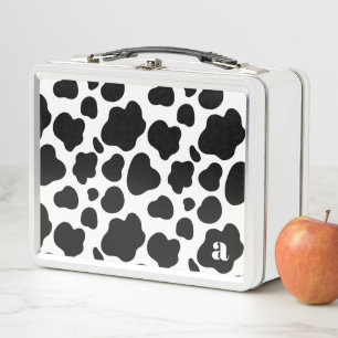 Cute Modern Black & White Cow Pattern Monogrammed  Metal Lunch Box