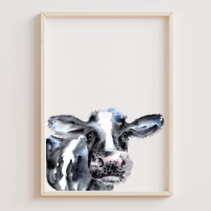 Cute Modern Black White Cow Watercolor Farmhouse Poster