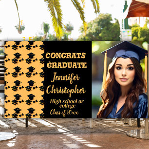 Cute Modern Black & Yellow Script photo Graduation Banner