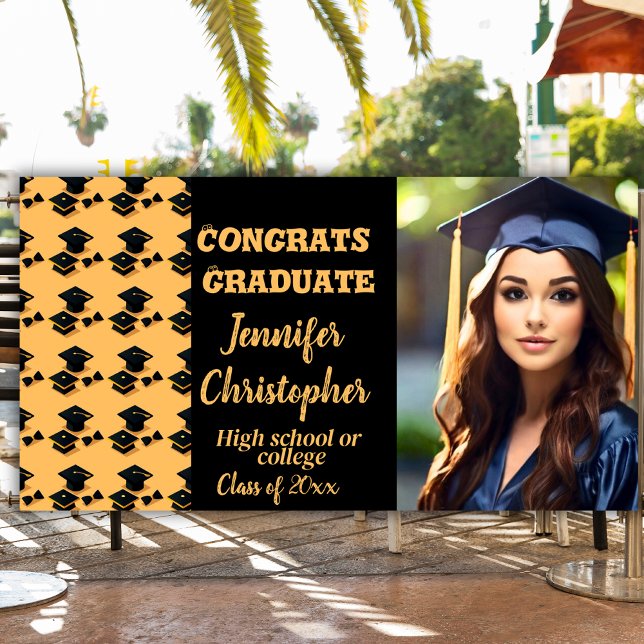 Cute Modern Black & Yellow Script photo Graduation Banner (Creator Uploaded)
