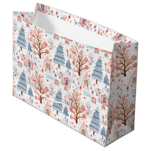 Cute Modern Blue and Pink Snowy Christmas Village  Large Gift Bag