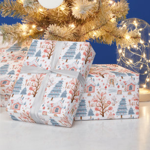 Cute Modern Blue and Pink Snowy Christmas Village Wrapping Paper
