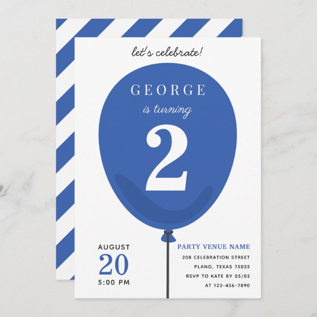 Cute Modern Blue Balloon Birthday - 2nd Birthday Invitation (Front/Back)