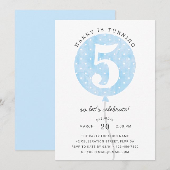 Cute Modern Blue Balloon Elegant Boy Birthday Invitation (Front/Back)