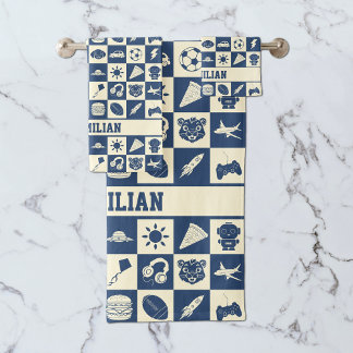 Cute Modern Blue Chequered Icons Pattern Boy's Bath Towel Set