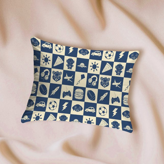 Cute Modern Blue Chequered Icons Pattern Boy's Fun Pillowcase (Creator Uploaded)