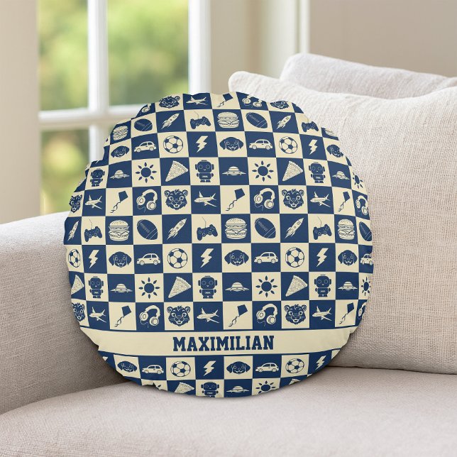 Cute Modern Blue Chequered Icons Pattern Boy's Fun Round Cushion (Creator Uploaded)