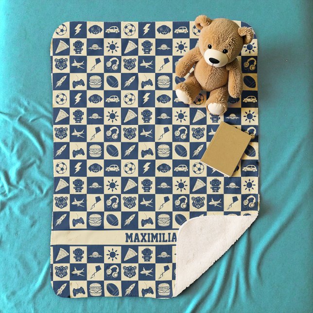 Cute Modern Blue Chequered Icons Pattern Boy's Fun Sherpa Blanket (Creator Uploaded)