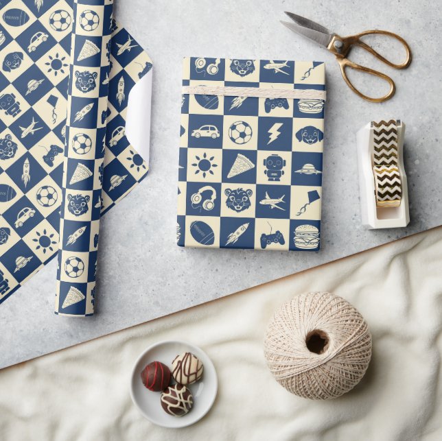 Cute Modern Blue Chequered Icons Pattern Boy's Fun Wrapping Paper (Crafts)