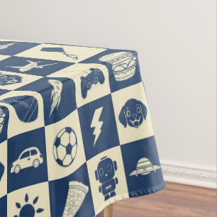 Cute Modern Blue Chequered Icons Pattern Boy's Tablecloth