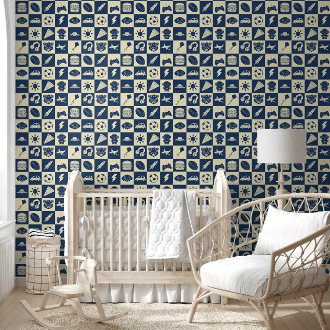 Cute Modern Blue Chequered Icons Pattern Boy's Wallpaper (Kids)
