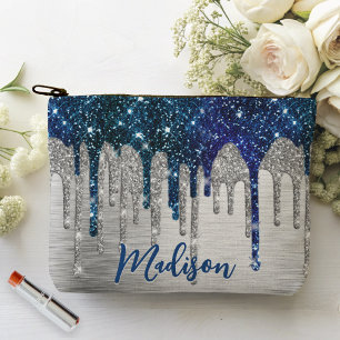 Cute modern Blue Glitter Drips monogram Accessory Pouch