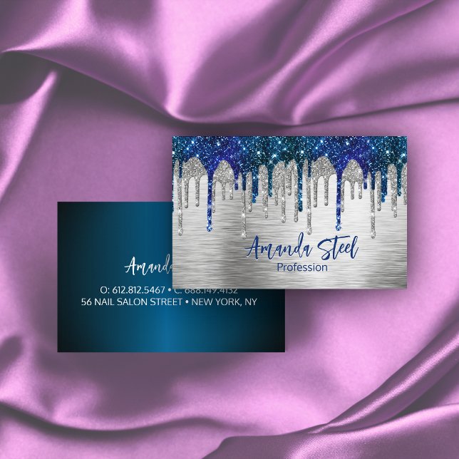 Cute modern Blue Glitter Drips monogram Business Card (Creator Uploaded)