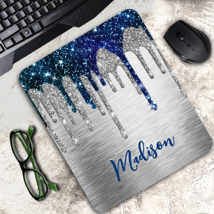 Cute modern Blue Glitter Drips monogram Mouse Pad