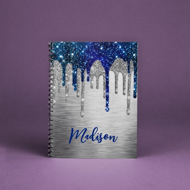 Cute modern Blue Glitter Drips monogram Notebook (Creator Uploaded)