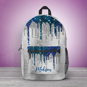 Cute modern Blue Glitter Drips monogram Printed Backpack