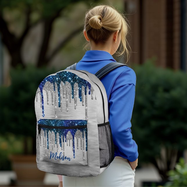 Cute modern Blue Glitter Drips monogram  Printed Backpack (Creator Uploaded)