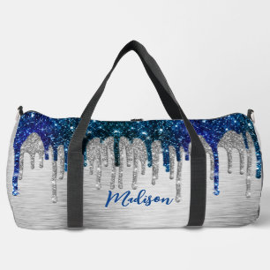 Cute modern Blue Glitter Drips monogram  Printed  Duffle Bag