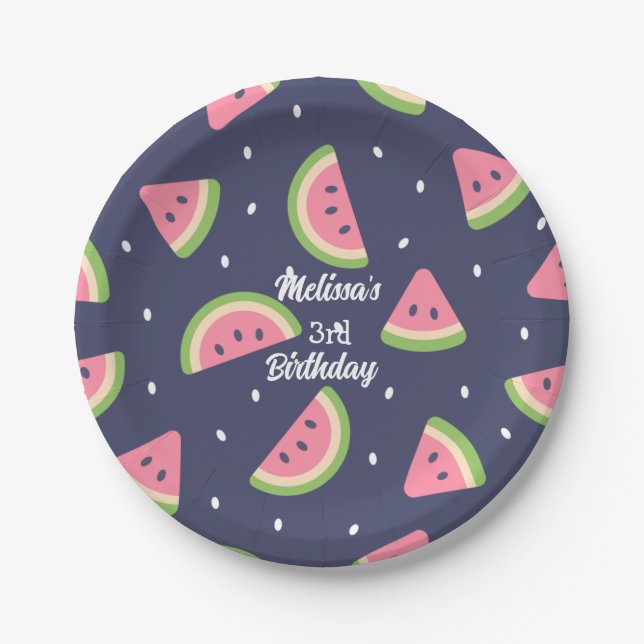 Cute Modern Blue Green Watercolor Watermelon Fruit Paper Plate (Front)